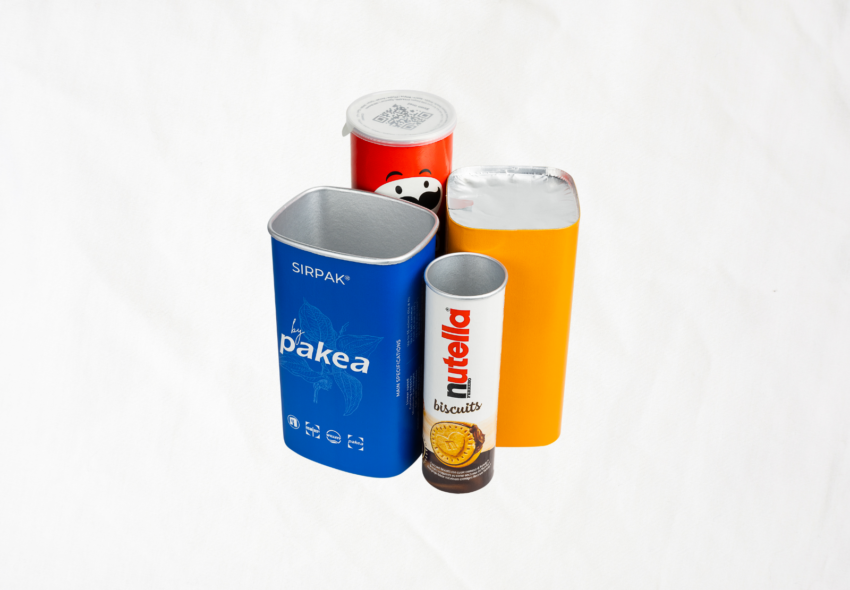 Auswahl an Verbunddosen in verschiedenen Formen und Größen, die zur Verpackung von Lebensmitteln, Pulvern, Snacks und Konsumgütern verwendet werden.