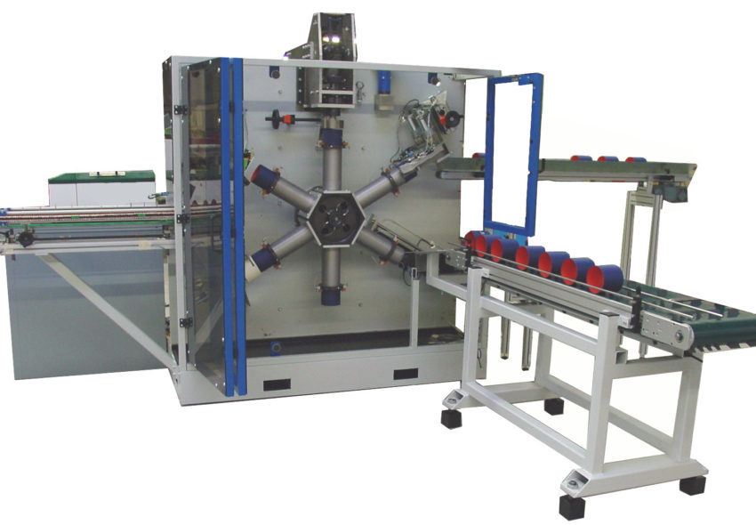 Industriemaschine zum automatisierten Aufbringen von Deckeln, Verschließen und Endbearbeiten von Verbunddosen, die in der Lebensmittel- und Konsumgüterverpackung zum Einsatz kommen.